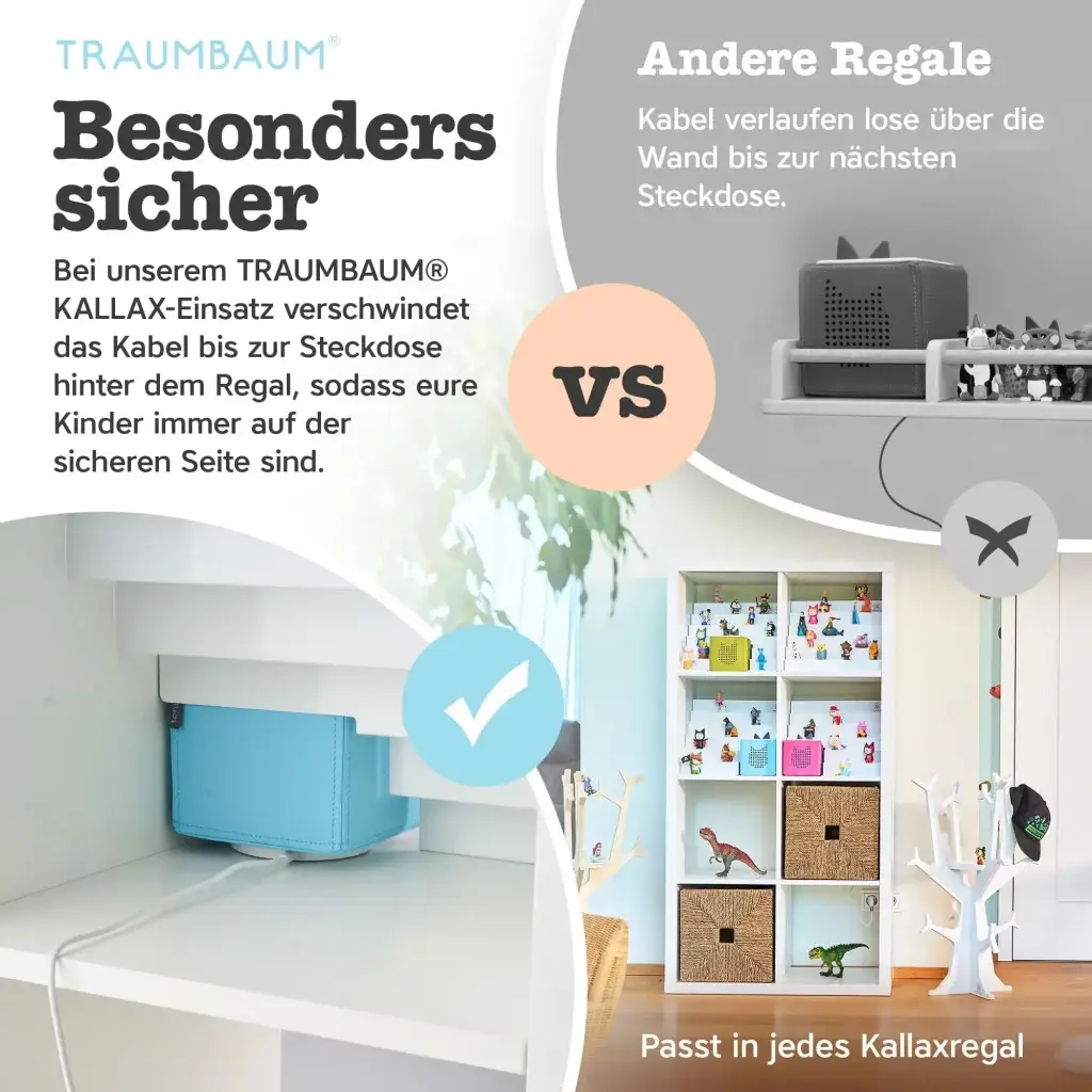 Besonders Sicher. Bei unserem TRAUMBAUM KALLAX-Einsatz verschwindet das Kabel hinter der Steckdose.